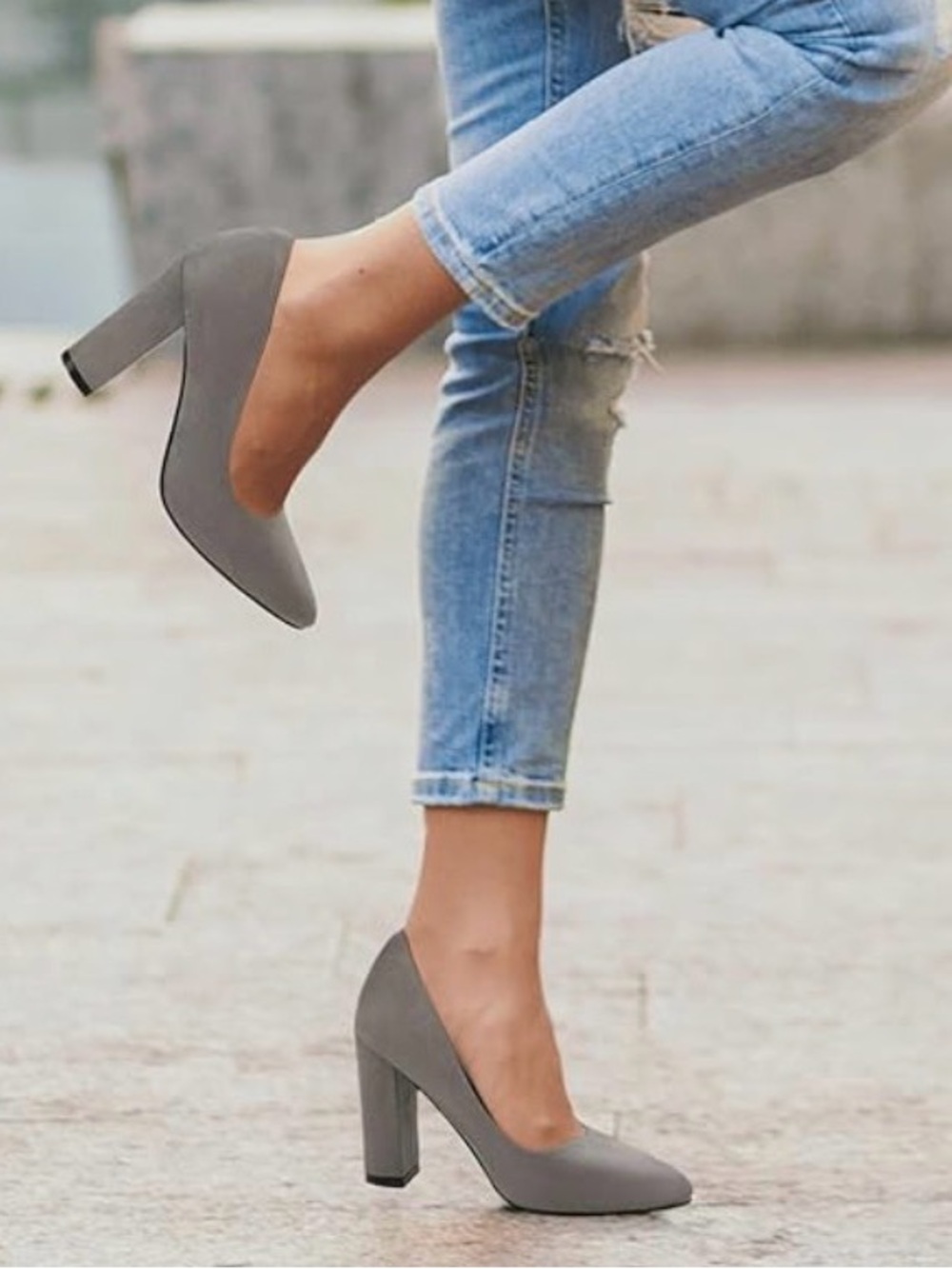 Classic Women's Gray Block Heel Pumps